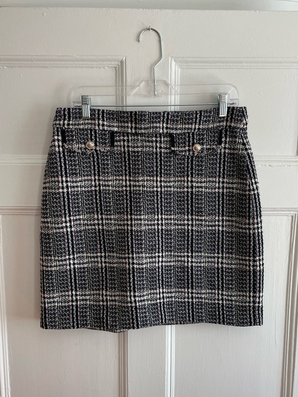 Simons | black and white plaid tweed mini skirt